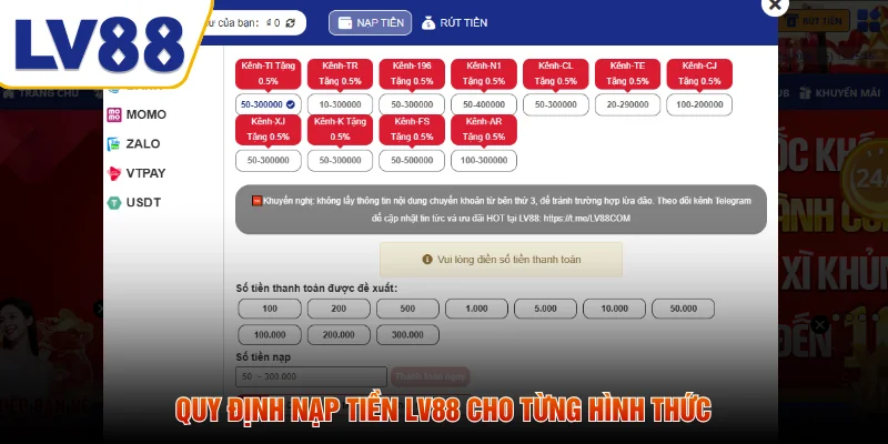 Quy định nạp tiền LV88 cho từng hình thức